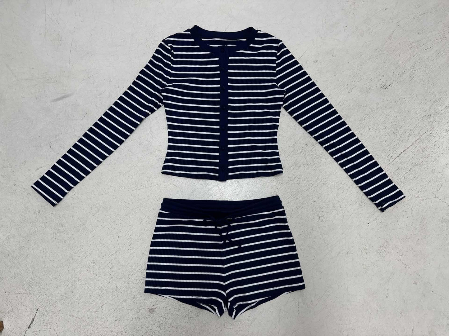 Simple Casual Striped Knit Two-Piece Women's Set Single-Breasted Cardigan Top and Low-Waist Belted Straight Leg Pencil Skirt Pants