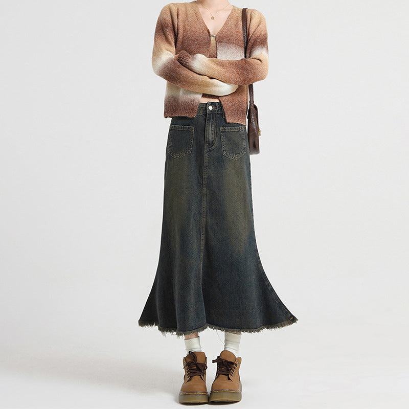 Lazy Style Versatile INS Denim Skirt Women High Waist Slimming Mid-Length A-Line Pencil Skirt