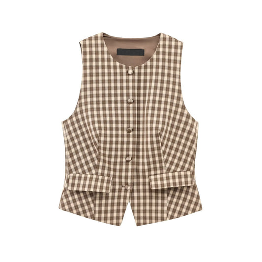 Women's Plaid Sleeveless Fitted Vest + Plaid Skirt Pants