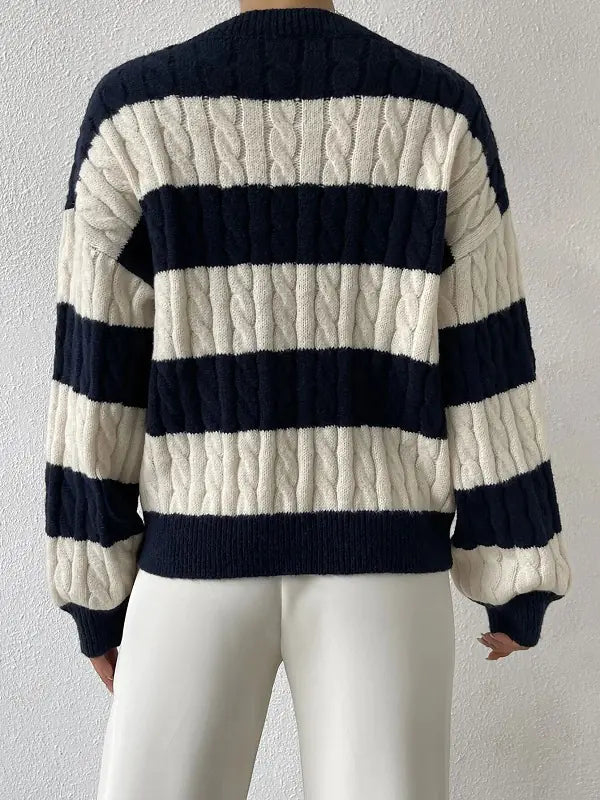 Color-Blocked Loose V-Neck Knitted Sweater for Women