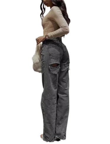 Women's Blue Ripped Straight Jeans with High Waist