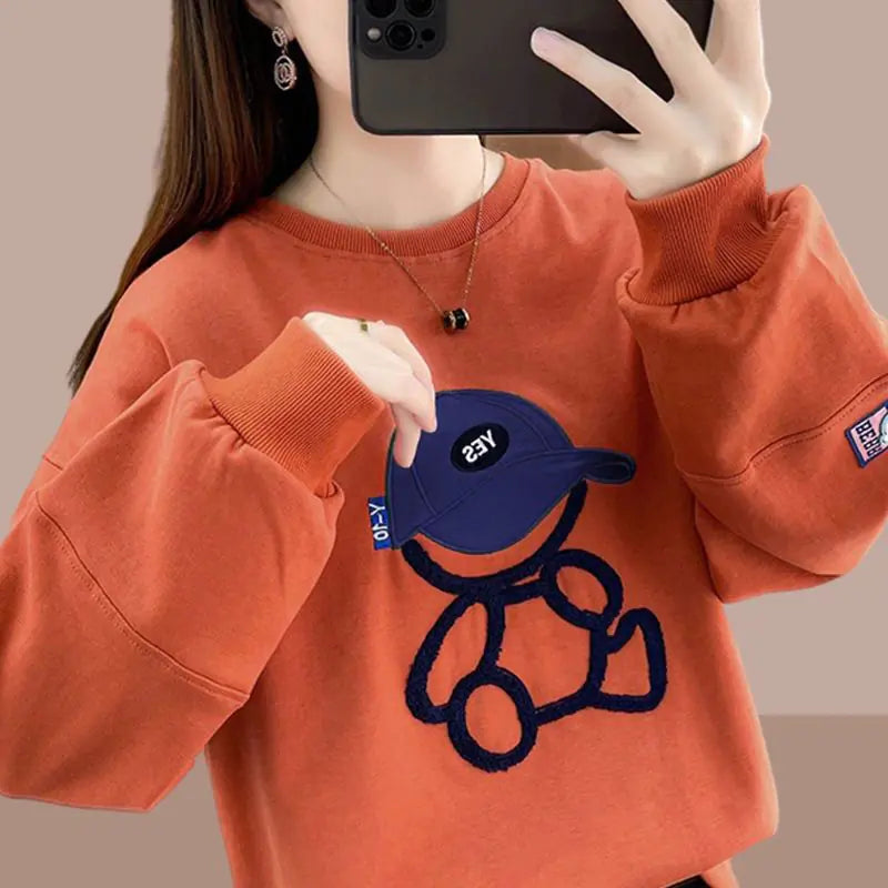 Casual Loose Cartoon Round Neck Cotton Sweater