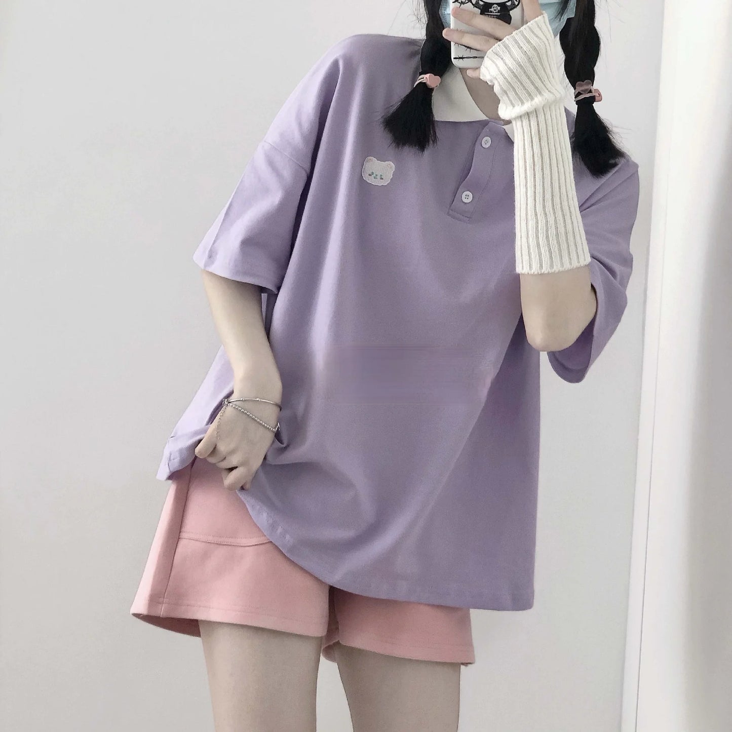 Casual Loose Short Sleeve Cartoon Bear Print Shirt