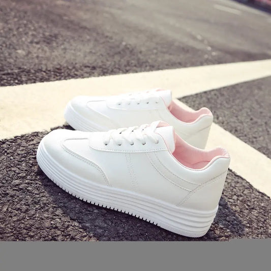 Thick Sole White Sneakers, Korean Style Lace-Up Shoes