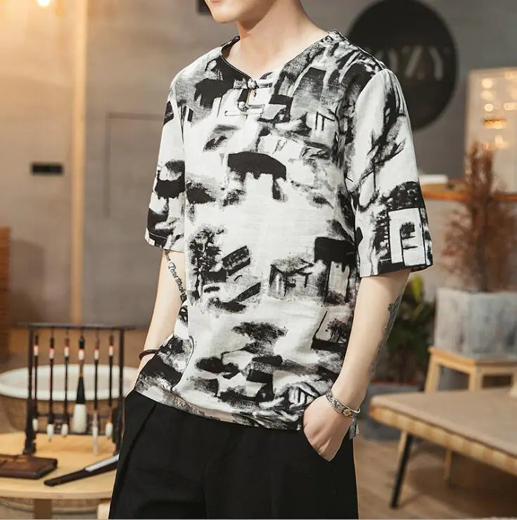 Plus Size Chinese Style Printed Short Sleeve T-Shirt