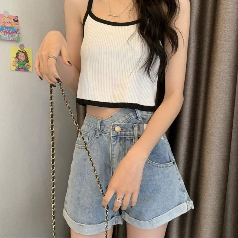 Irregular High-Waisted Denim Shorts for Women, Loose and Slimming A-Line Casual Denim Hot Pants