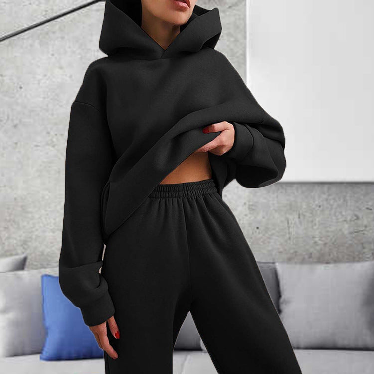Women's Spring Hooded Set Solid Color Casual  Sports Sweatshirt Set