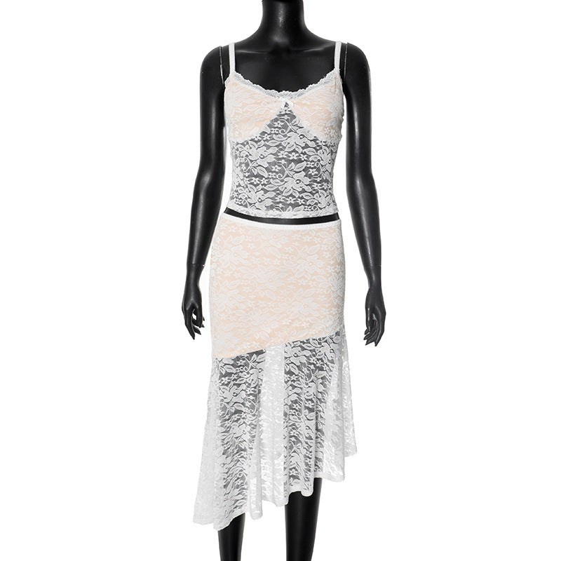 Lace camisole top slanted half skirt two-piece set