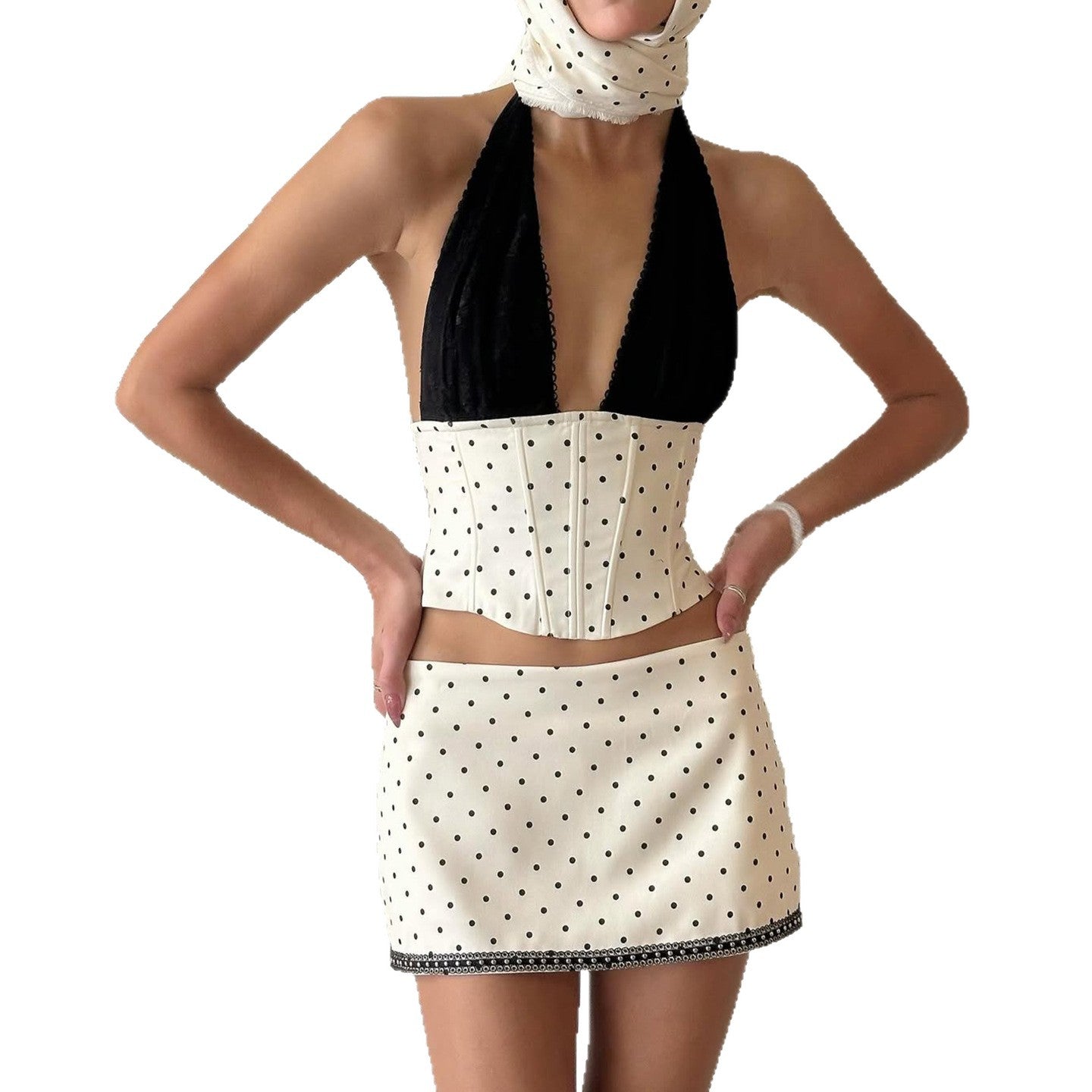 Audrey Hepburn Color Block Halter V-Neck Tank Top + Low Waist Polka Dot Mini A-Line Skirt Spicy Two-Piece Set