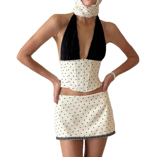 Audrey Hepburn Color Block Halter V-Neck Tank Top + Low Waist Polka Dot Mini A-Line Skirt Spicy Two-Piece Set