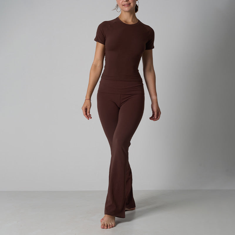 Classic Cotton Jersey Set -Casual Yoga Flare Pants with Short Sleeve