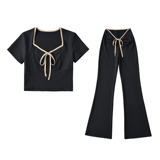 Two piece set of contrasting color wrapped square neck short sleeved T-shirt+V-shaped waist strap flared casual pants