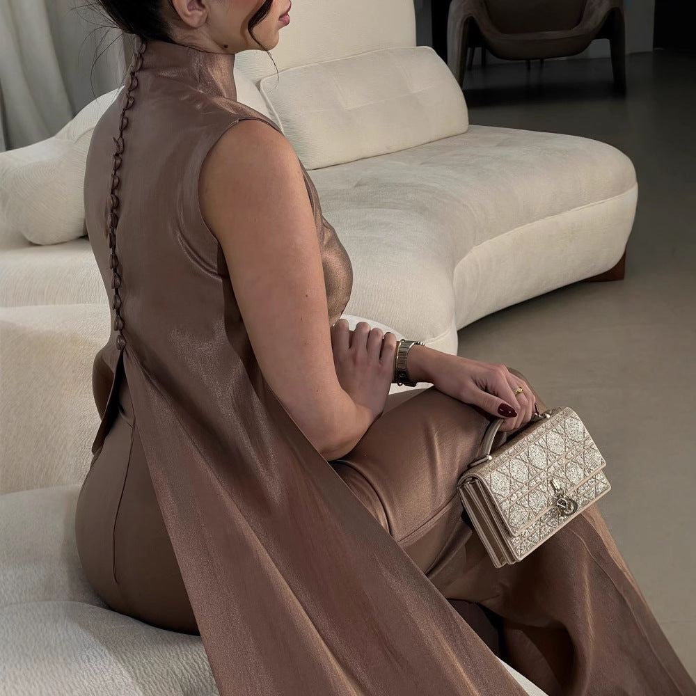 Button Vintage Elegant Jumpsuit Long Robe Two-Piece Set
