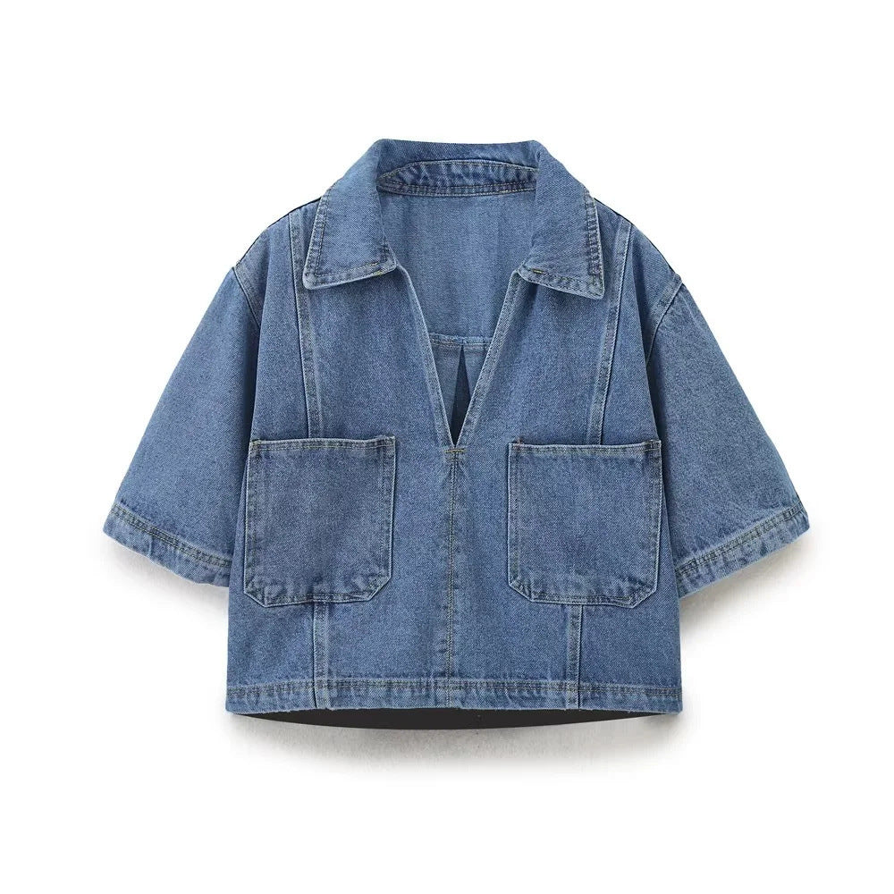 Women's Fashion Denim Short Sleeve Top + Double-breasted Denim Skirt Set