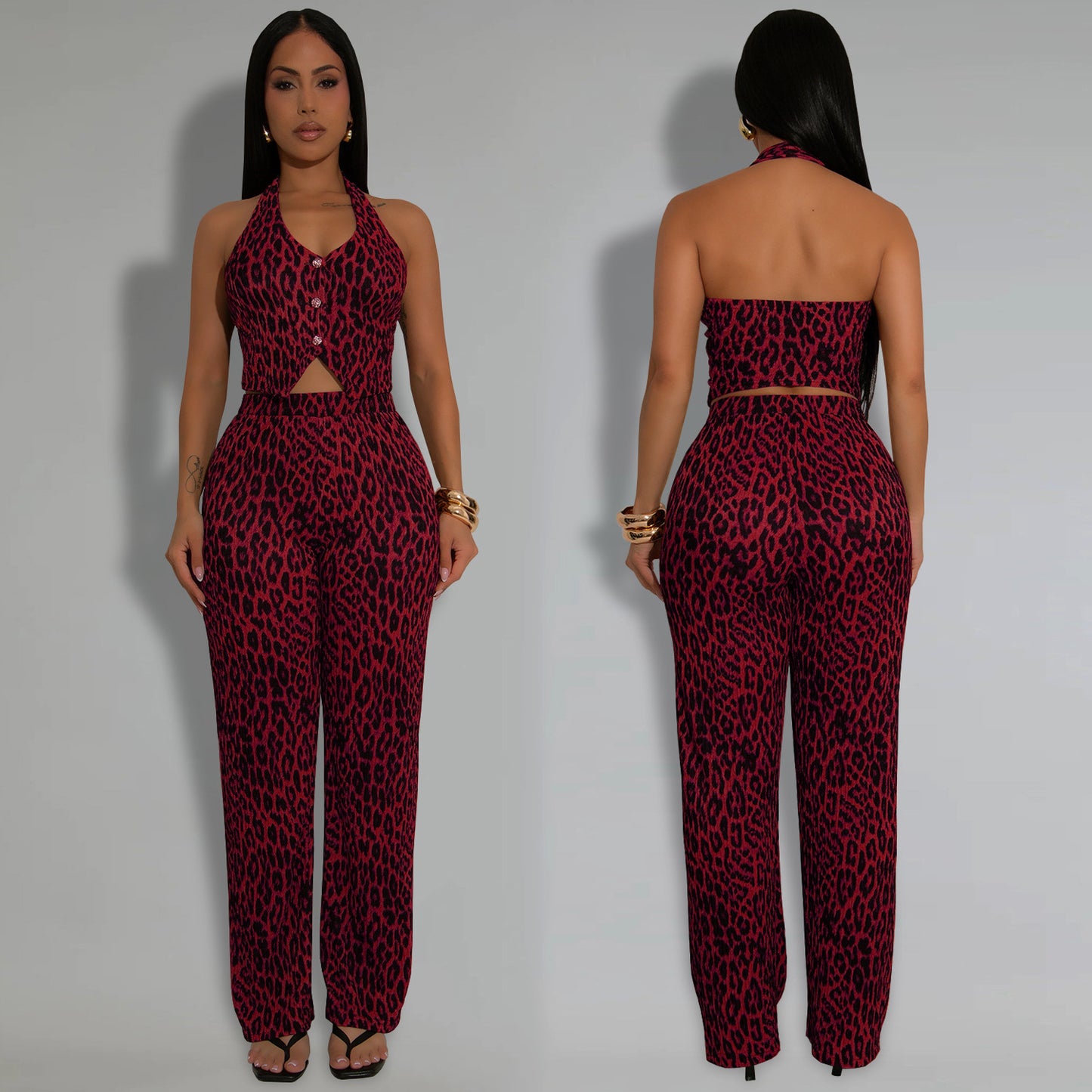 Women's Off-the-Shoulder Sexy Leopard Print Top and Long Pants Two-Piece Set