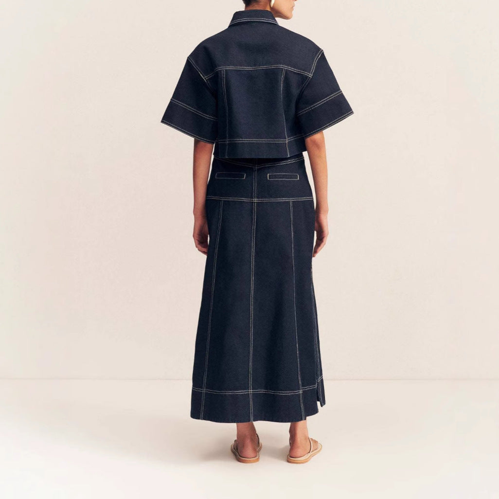 Pocket short sleeved shirt split half skirt denim two-piece set