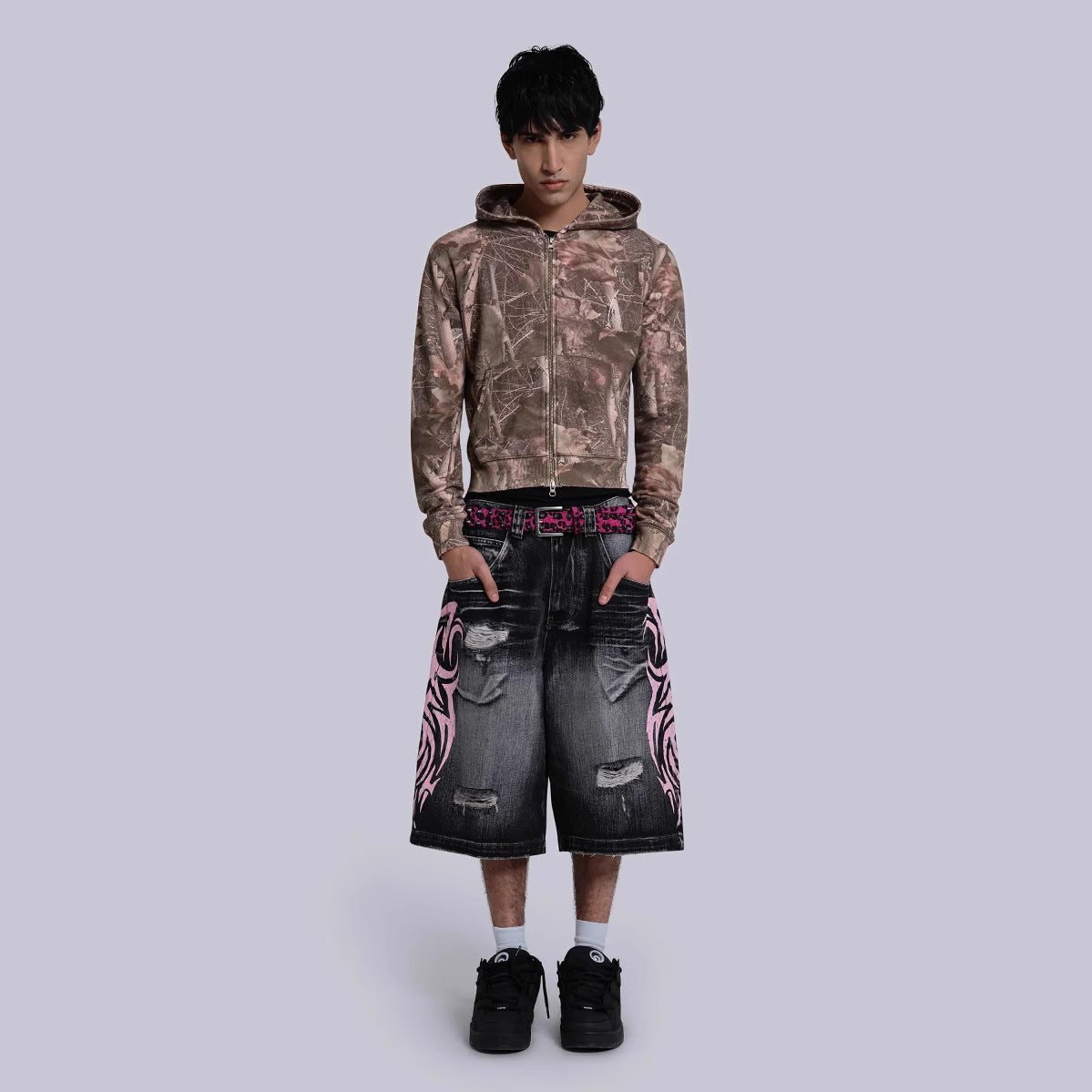 High Street Denim Shorts Jaded Same Style Totem Print Ripped Wide Leg Pants Loose Three-Quarter Pants Trendy