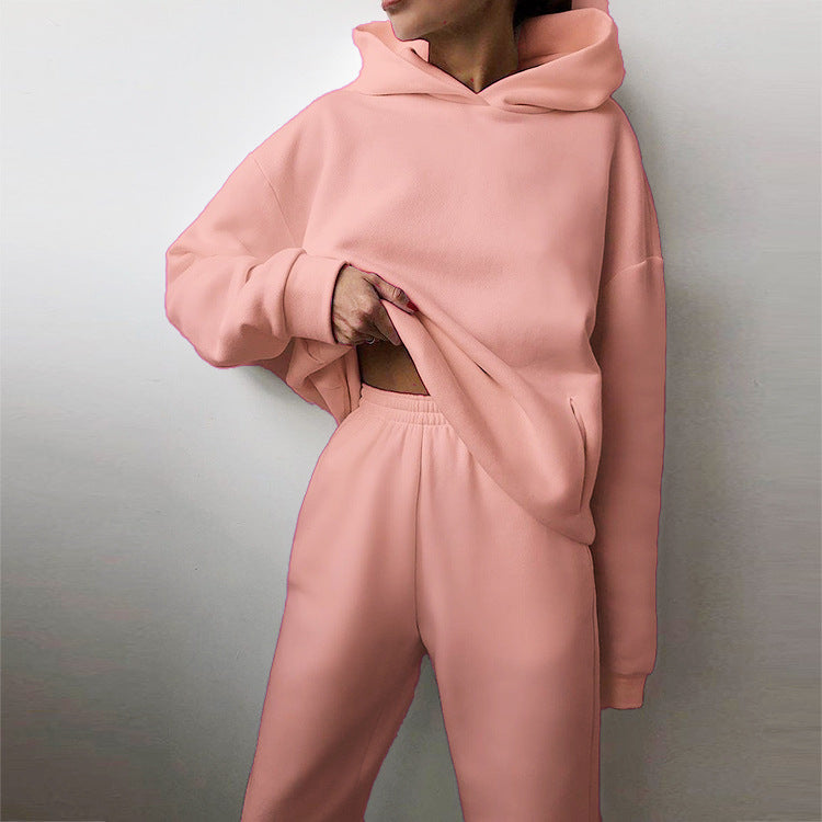 Women's Spring Hooded Set Solid Color Casual  Sports Sweatshirt Set