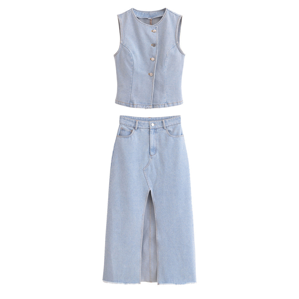 Women's Denim Vest + Front Slit Design Denim Skirt Set