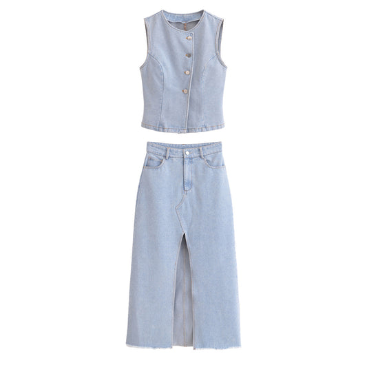 Women's Denim Vest + Front Slit Design Denim Skirt Set