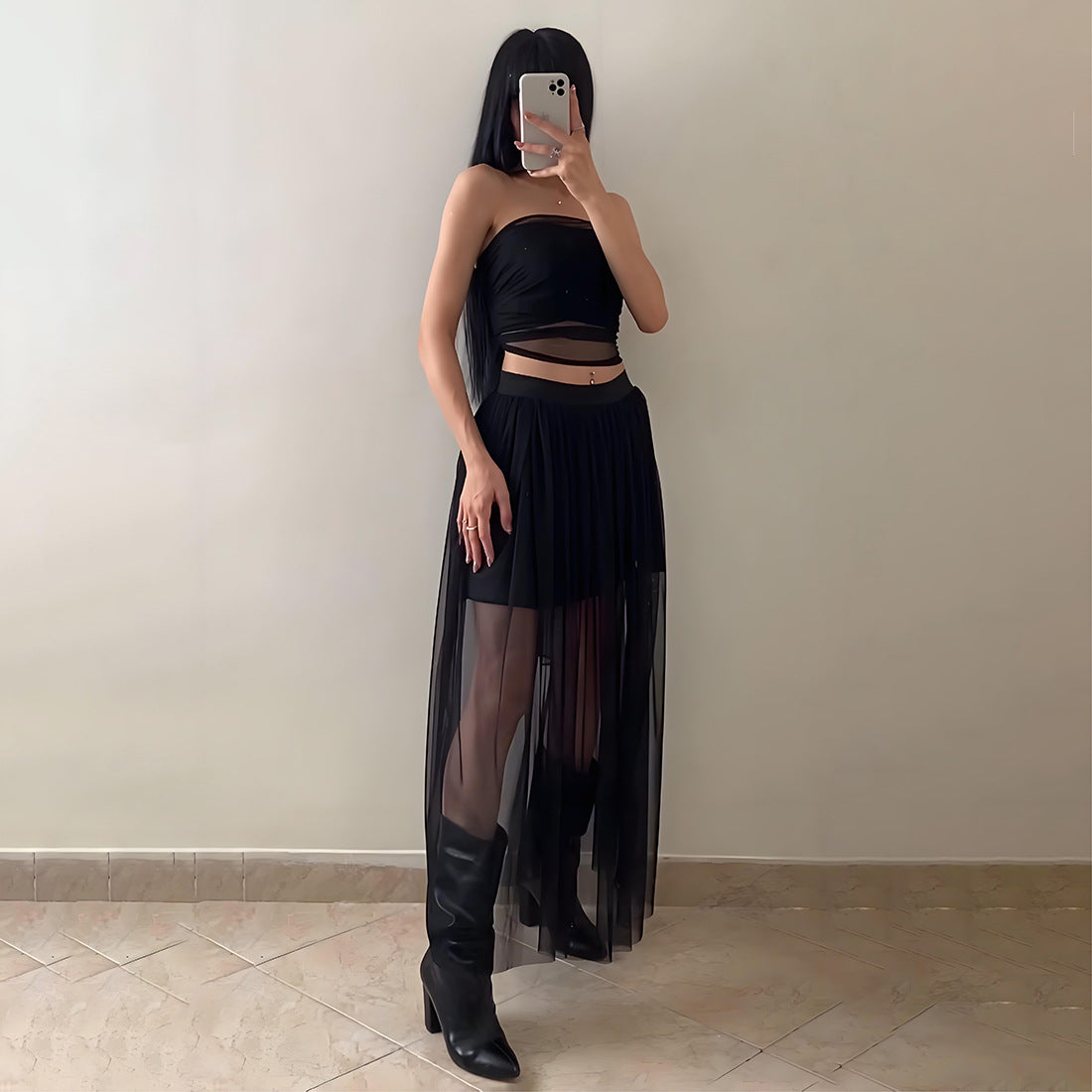 Solid color waist strapless top high waisted mesh skirt set for women