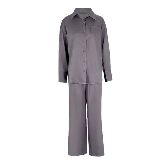 Two-Piece Set Button-Down Collar Top Loose Fit Comfortable Wide-Leg Long Pants