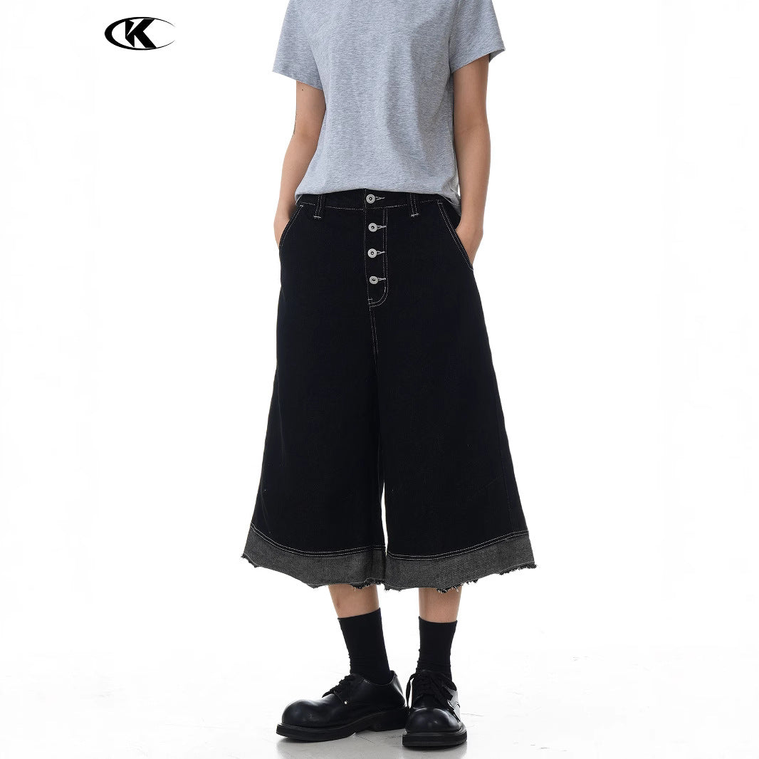Black Loose Fit Three-Dimensional Button Frayed Hem Tassel Trendy Casual Shorts