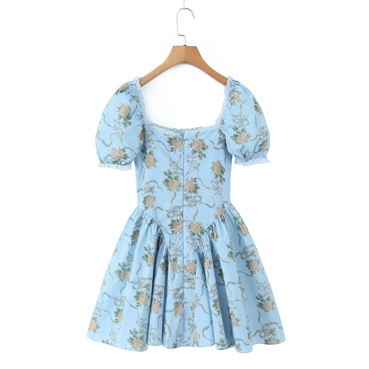 Palace style square neck bubble sleeves lace patchwork printed dress for women
