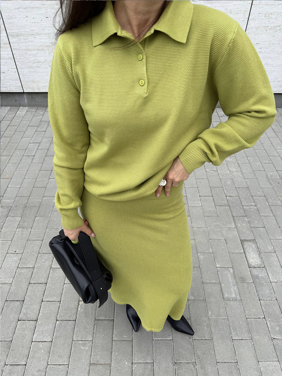 Solid Color Turn-down Collar Sweater Set Women's Loose Knit Polo Collar Sweater Wide-leg Pants Two-piece Set