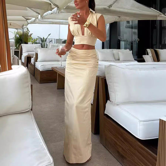 Sleeveless A-Line Skirt Set for Women Style Casual Resort Party Dress Suit