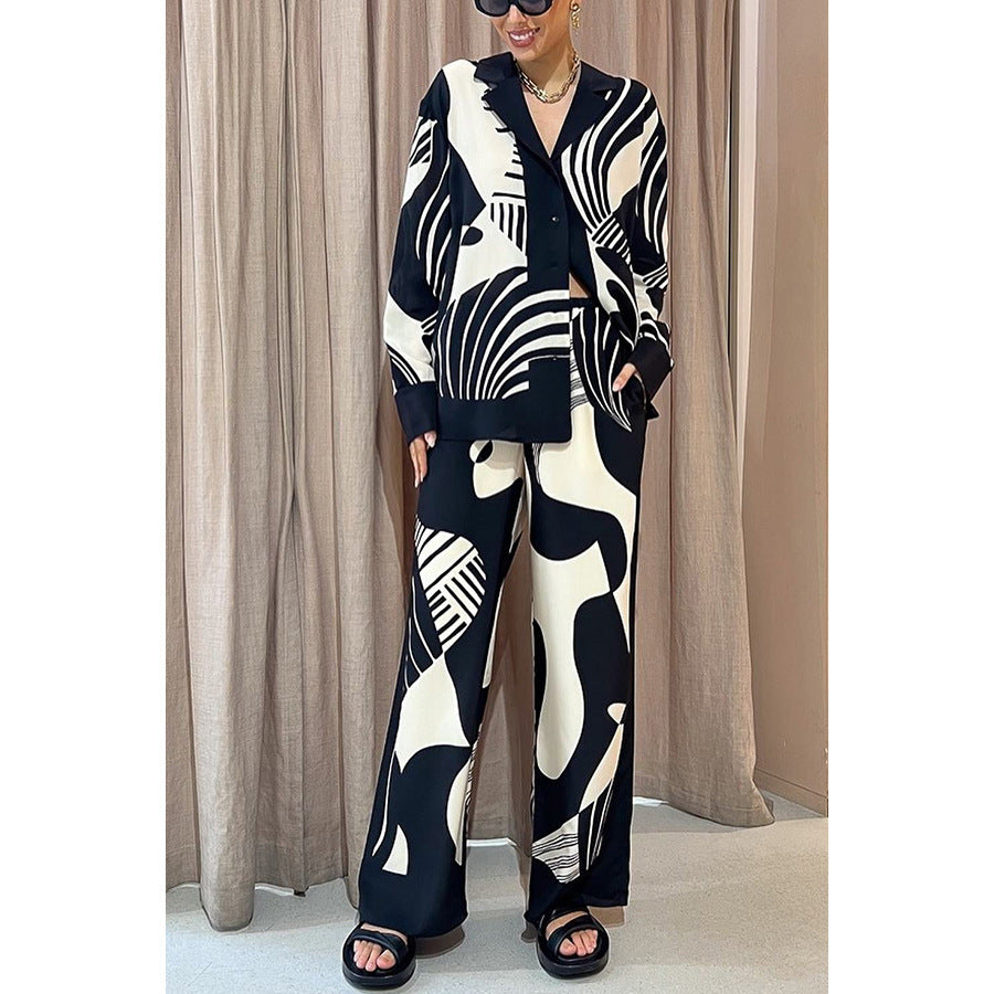 Autumn Winter New Turn-down Collar Casual Printed Long Sleeve Suit INS Loose Pocket Two-piece Set for Women