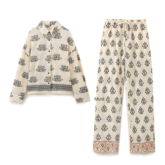 Women's Fashion Versatile Embroidered Vacation Style Shirt + Pants Set