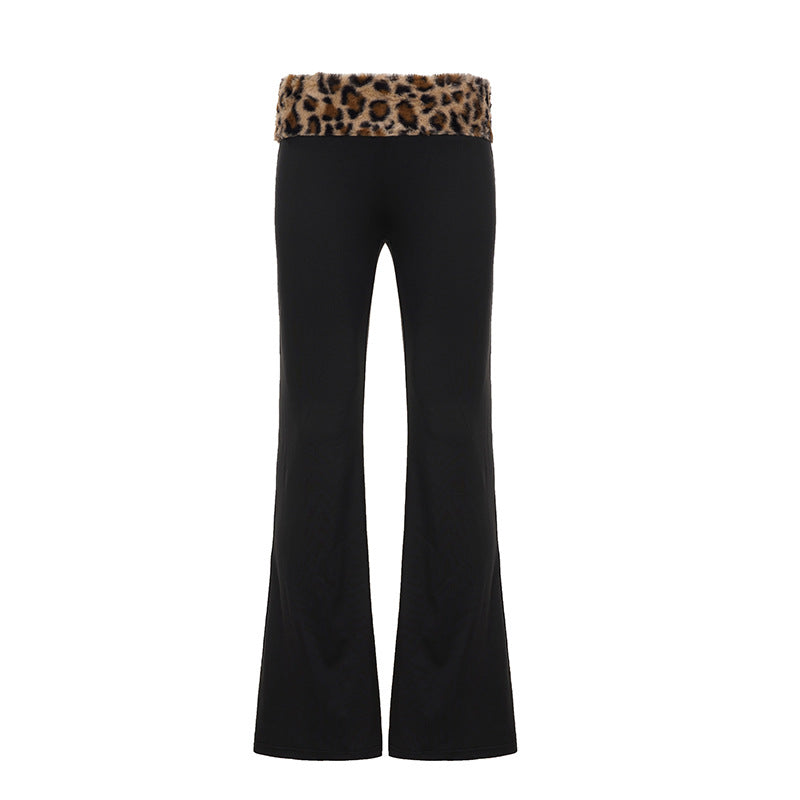 Women's Leopard Print Fuzzy Low Waist Pants One Shoulder Tight Long Sleeve T-Shirt Casual Suit