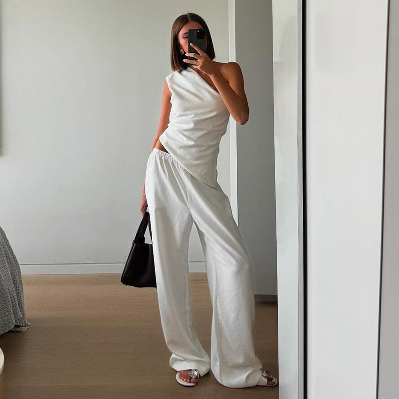 Solid color sleeveless sloping shoulder back hollow strap vest and pants set