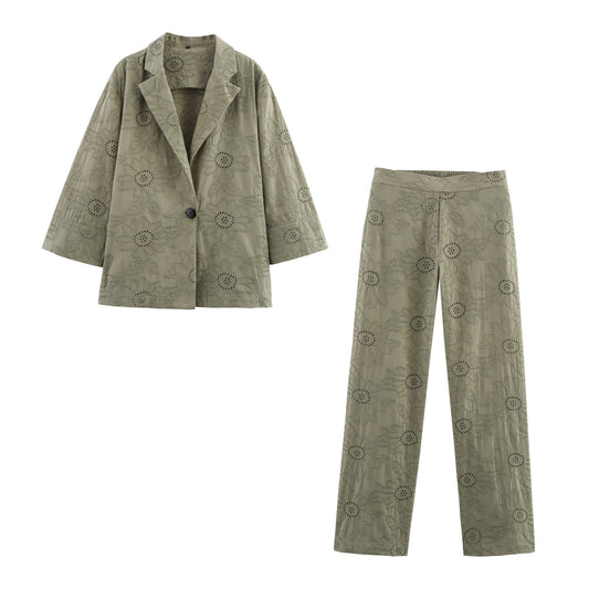 Women's Hollow-out Embroidered Blazer + Hollow-out Embroidered Straight-leg Pants