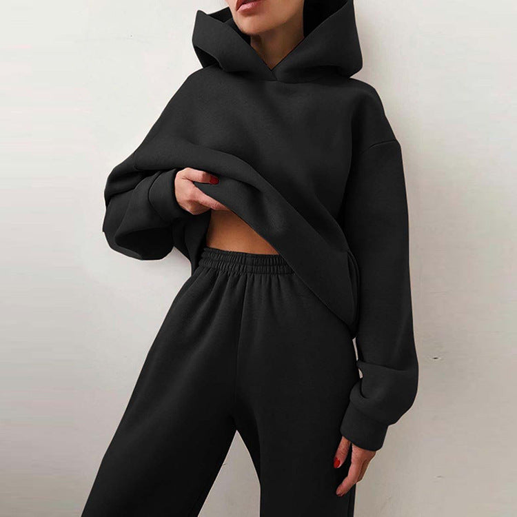 Women's Spring Hooded Set Solid Color Casual  Sports Sweatshirt Set