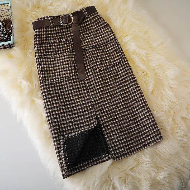 High Waist Slim Plaid Woolen Skirt