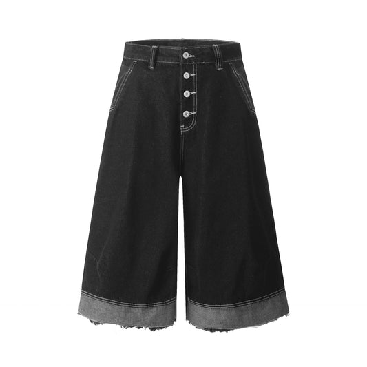 Black Loose Fit Three-Dimensional Button Frayed Hem Tassel Trendy Casual Shorts