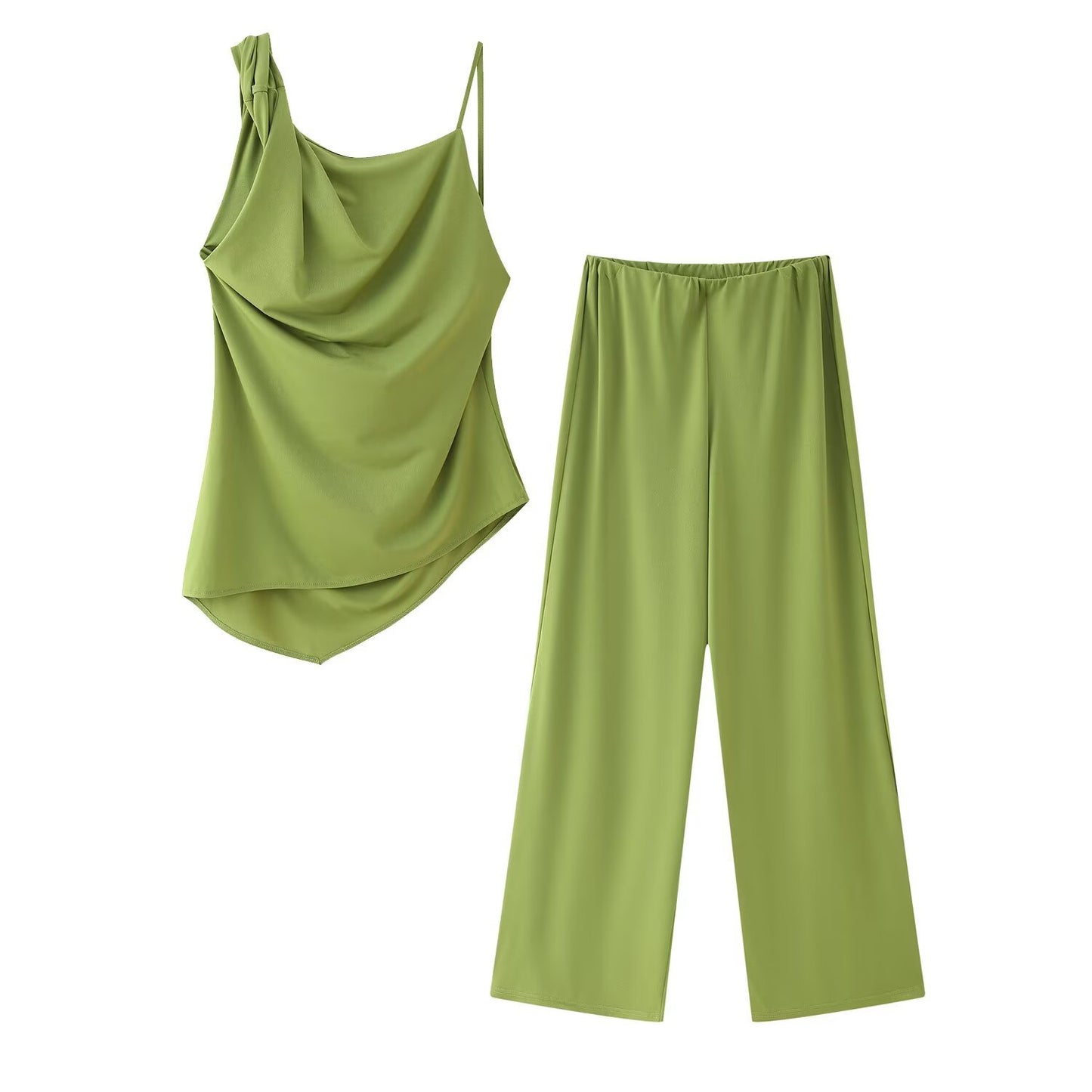 Elegant Women's Ruffled Asymmetric Sleeveless Top + Wide Leg Pants Set