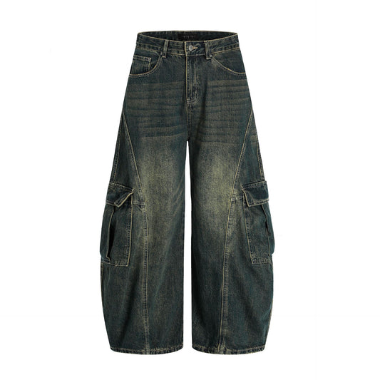 Blue Workwear Tapered Jeans for Men and Women with Multiple Pockets Loose Washed Banana Wide-Leg Long Pants