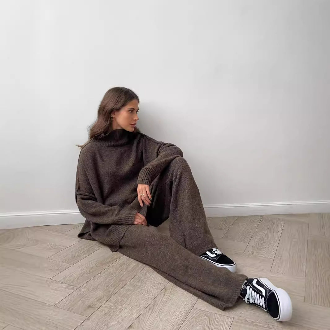 High Neck Slit Wool Sweater Set Women's Loose Casual Lazy Knitted Long Pants Two-Piece Set