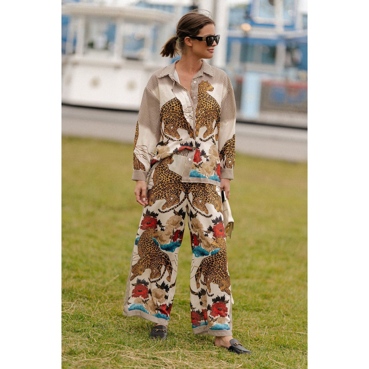 Long Sleeve Casual Vacation Two-Piece Set INS Loose Printed Pocket Practical Suit