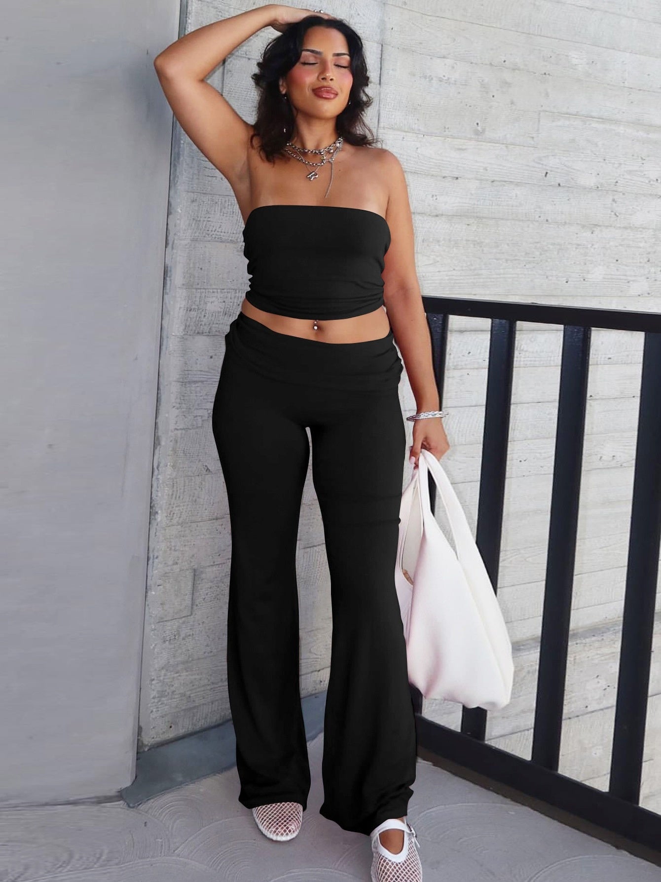 Solid Color Trumpet Neck Tube Top and Long Pants Slimming Set for Women Fashion New Arrival Summer Wear