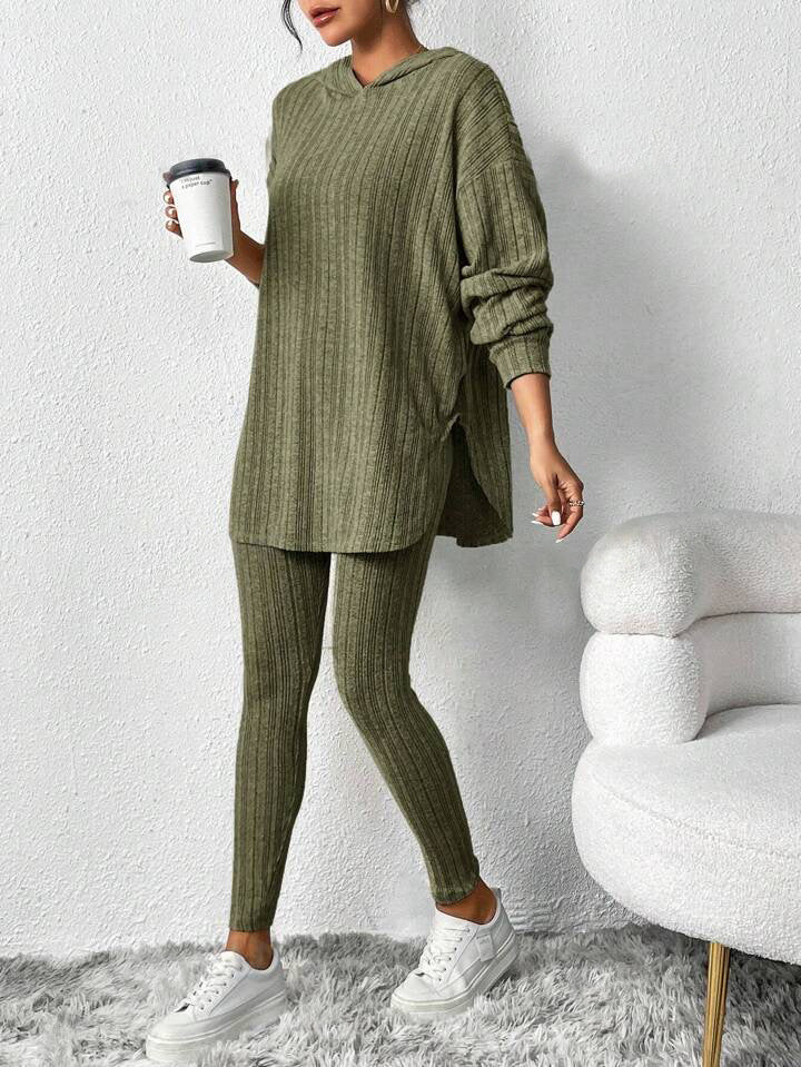 Autumn and Winter Style Loose Hooded Long Sleeve Casual Trousers Ribbed Suit