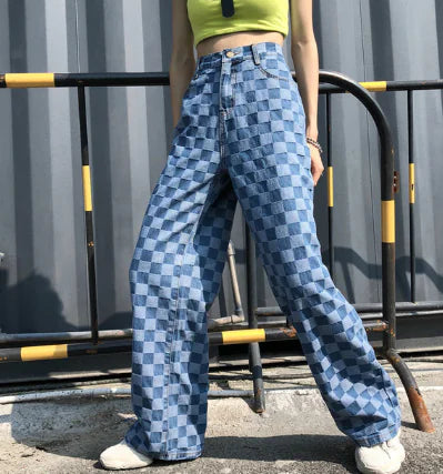 Korean Vintage Checkered Loose Fit Wide-Leg Jeans