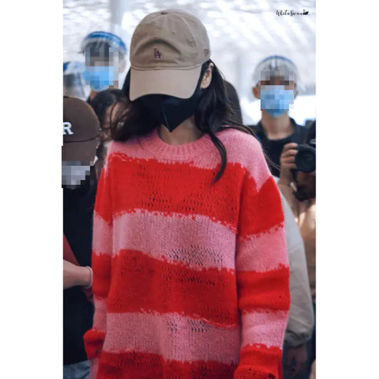 Women's Mohair Striped Ripped Thin Crew Neck Sweater