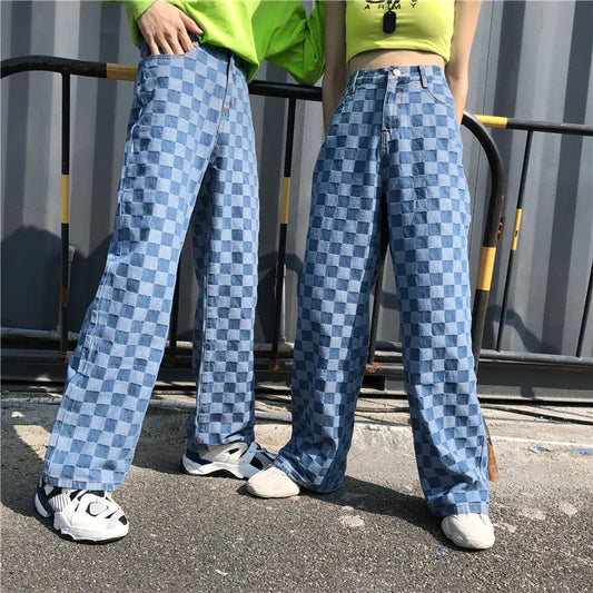 Korean Vintage Checkered Loose Fit Wide-Leg Jeans