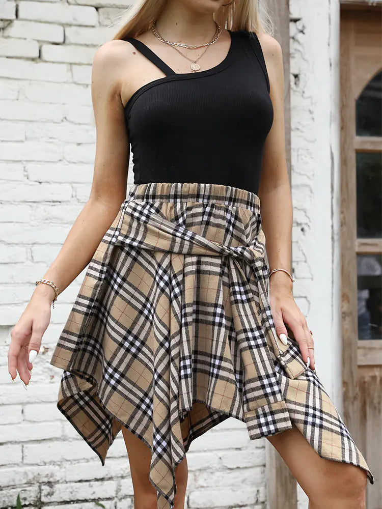 Irregular High Waist Plaid Tie-Sleeve Skirt for Women