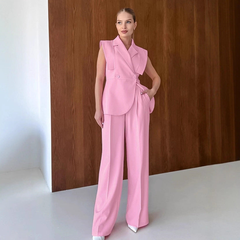 Commuting Pink Suit Vest and Long Pants Two-Piece Set for Women Autumn  Professional Workwear Set