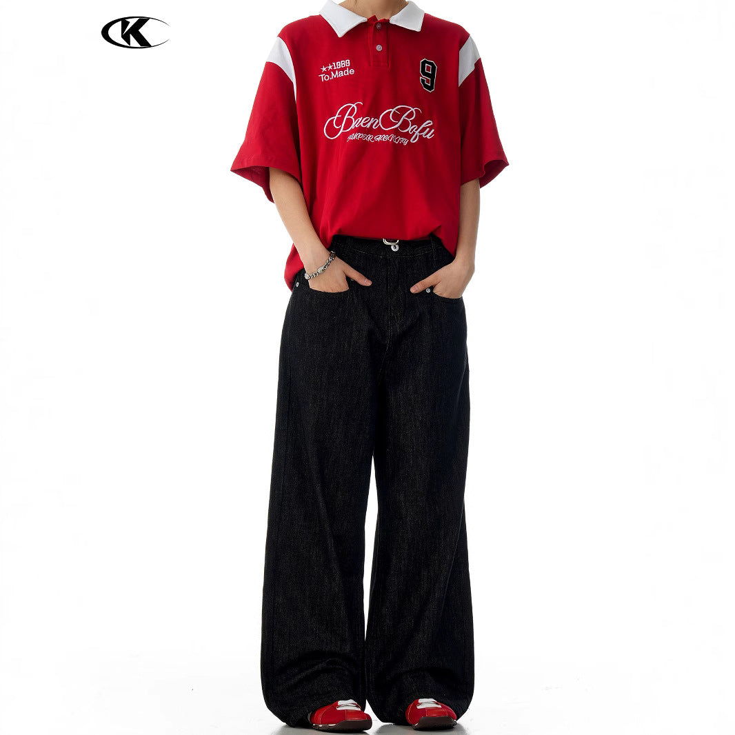 Denim Jeans Faded Unisex Straight A-Line Slim Clean Fit Versatile Long Pants